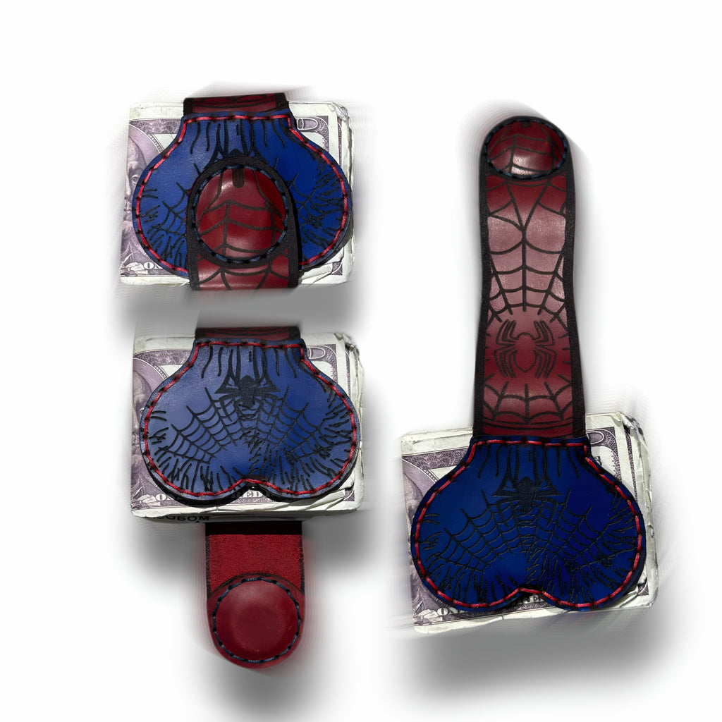 Three views of the caught in the web XL leather money clip, closed, web tooled front panel, and fully extended strap