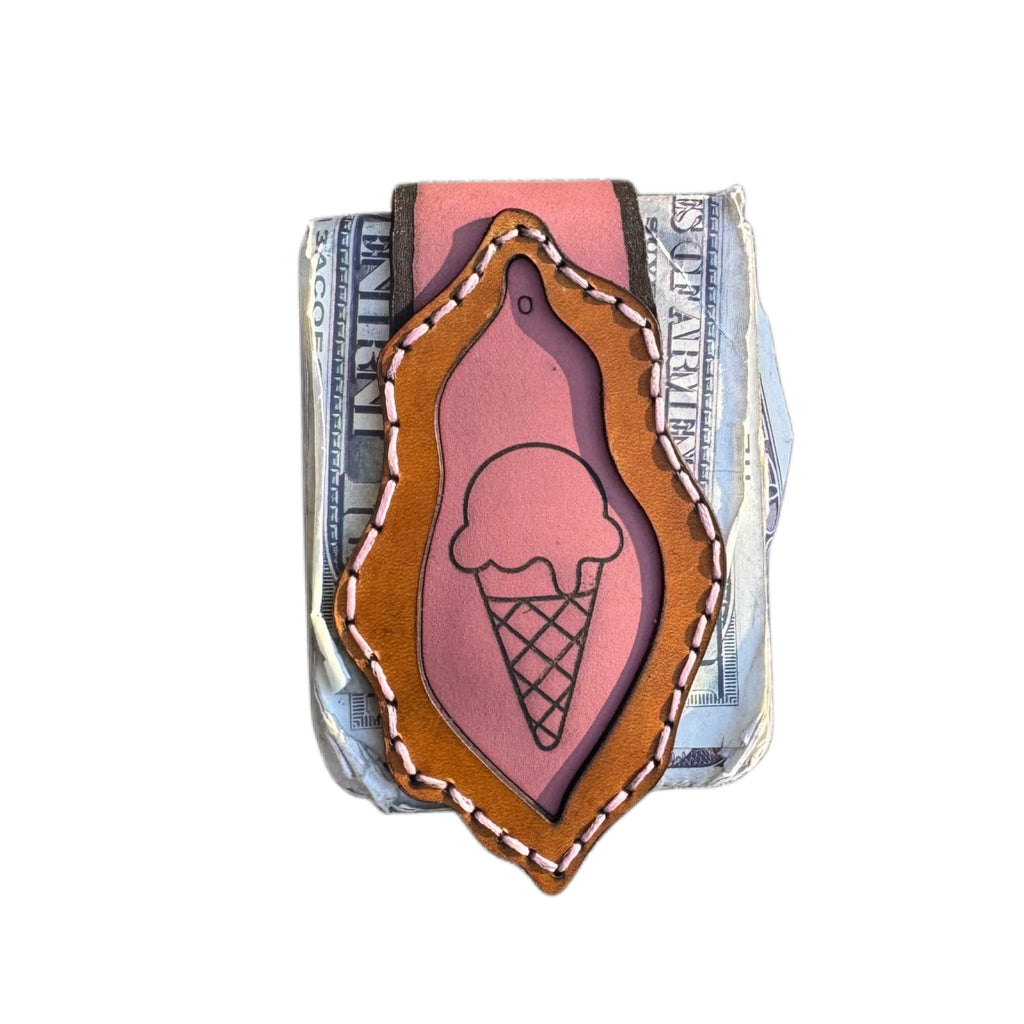 Ice cream cone engraved on blush leather in a tan frame with pink stitching