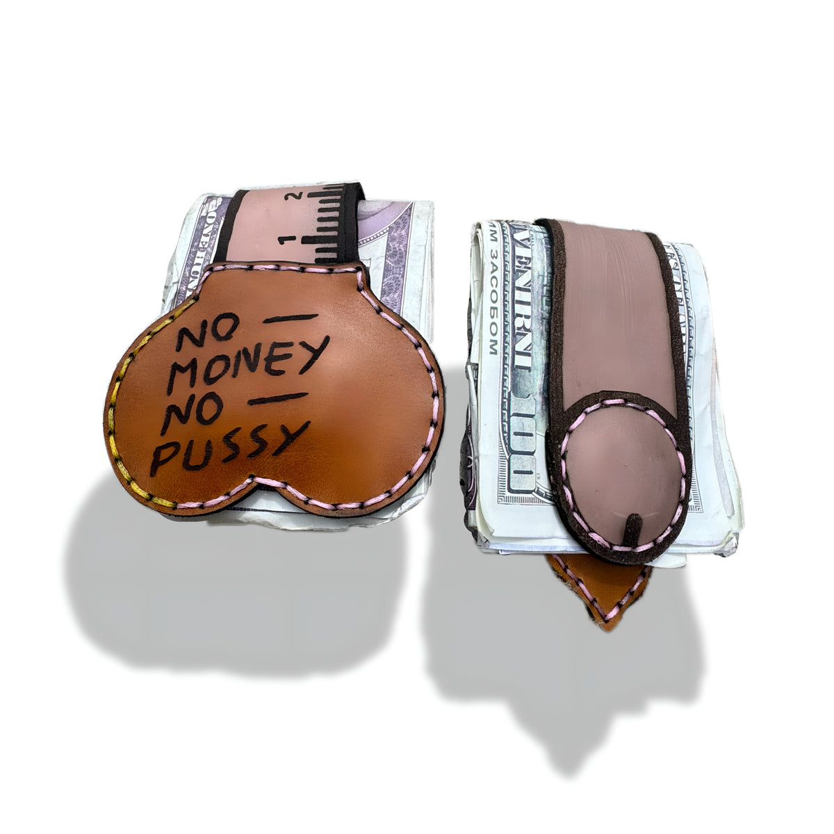 Two piece leather money clip gag gift set holding folded bills, Lamamarka