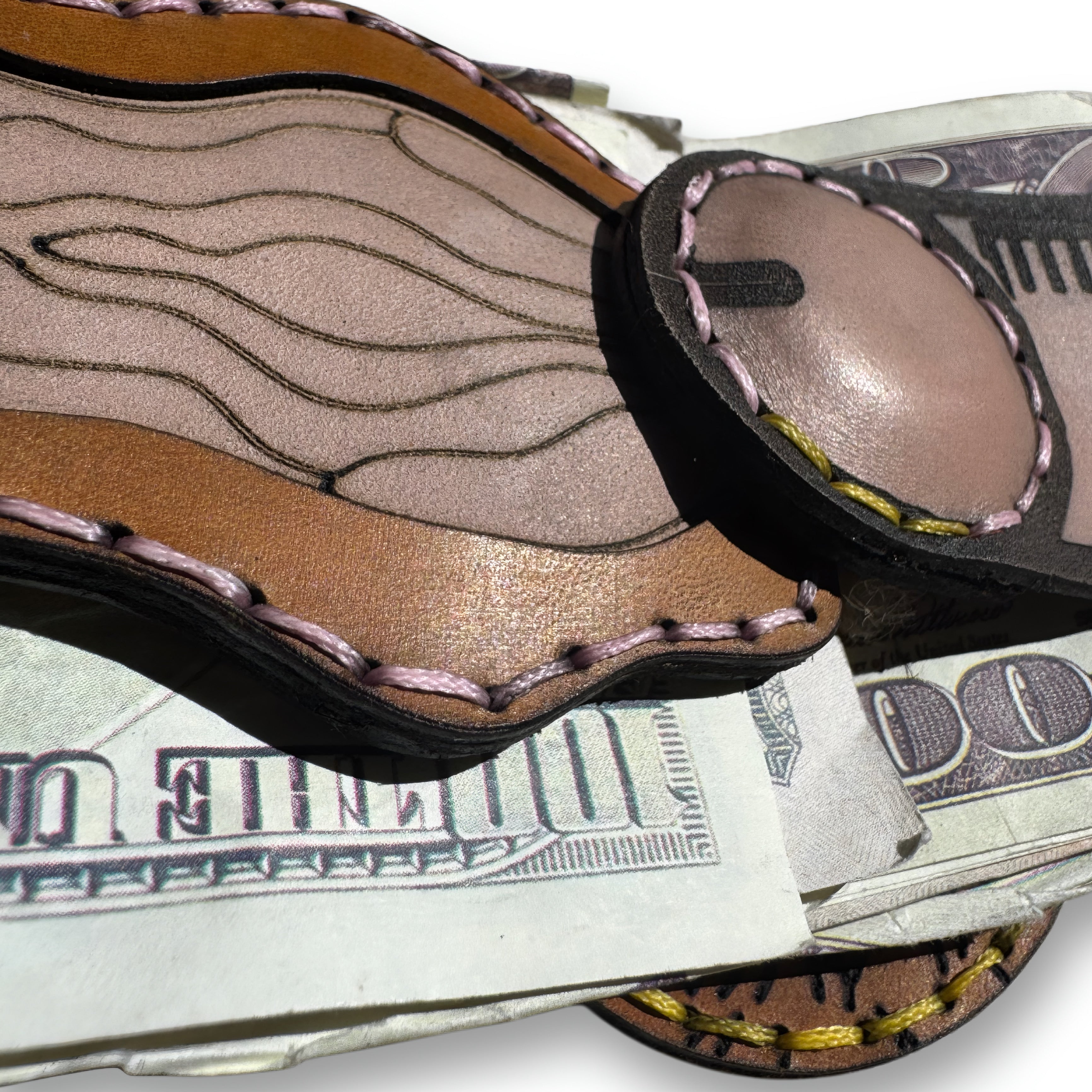 Counterpart leather money clip hand-engraved in tan and blush leather, Lamamarka