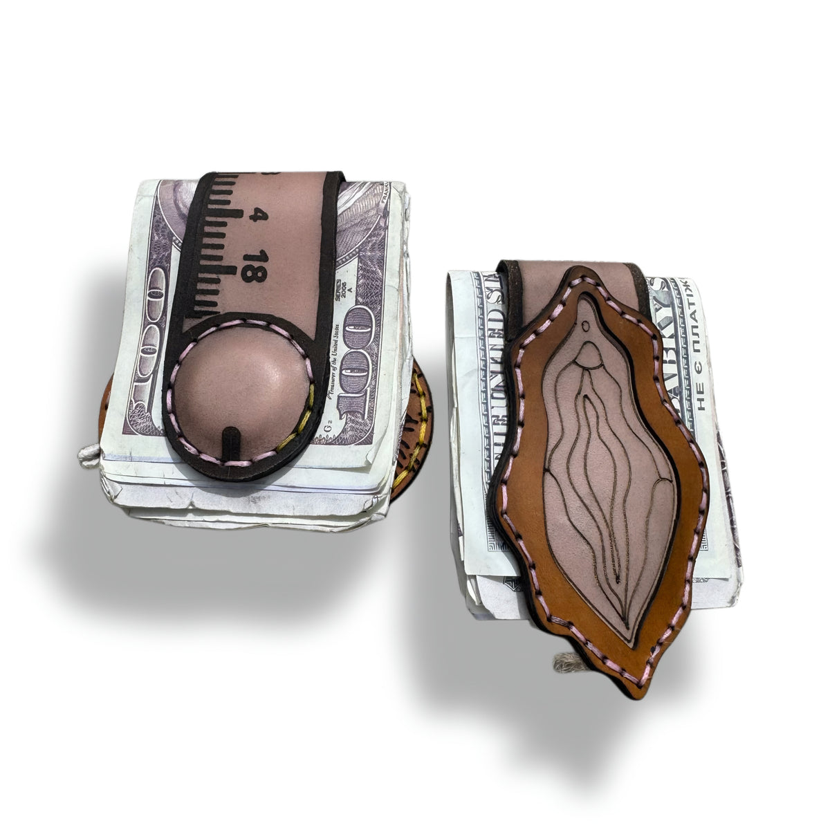 His and Hers leather money clip set, two hand-engraved clips, Lamamarka