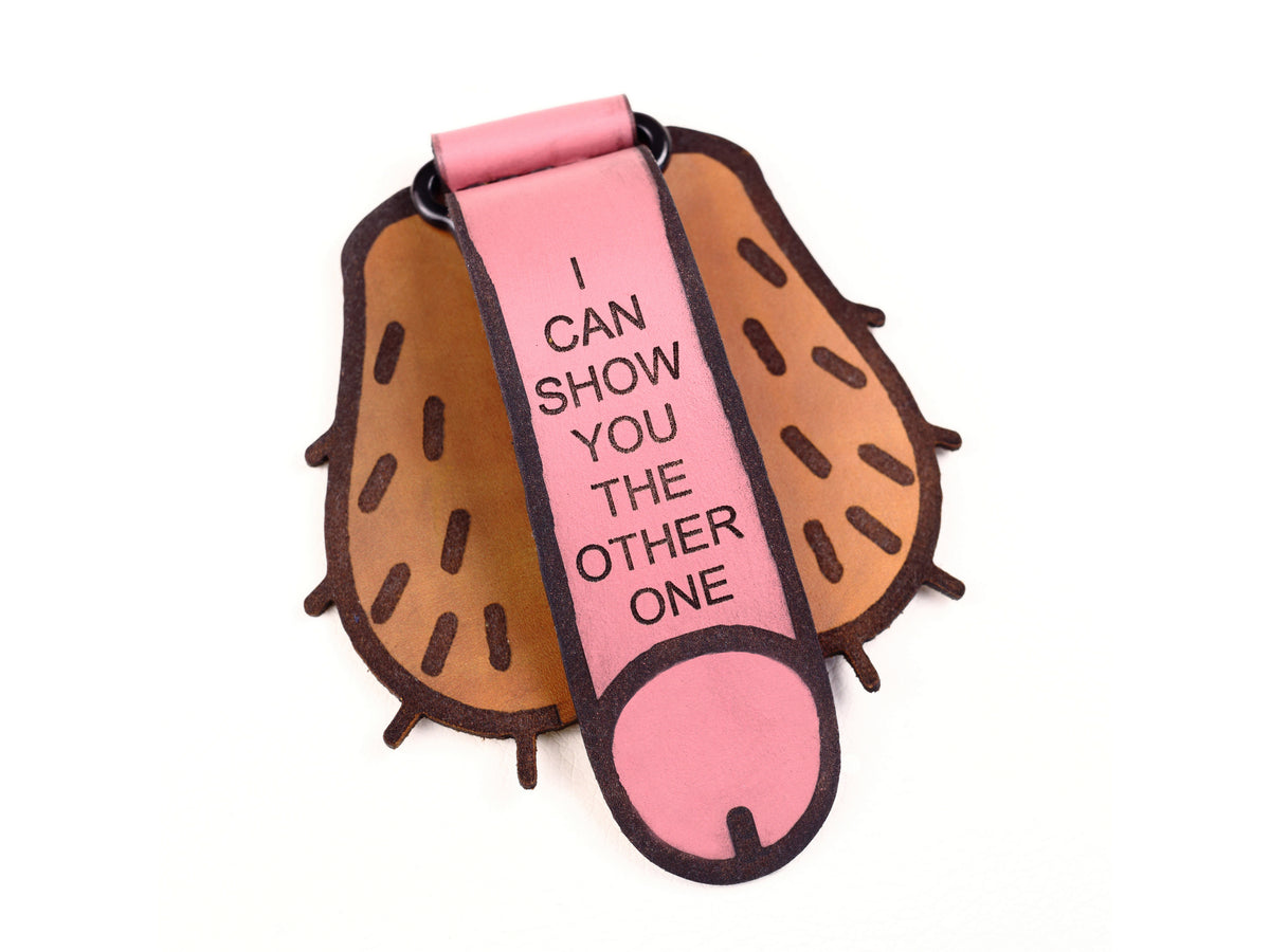 Pink engraved leather belt carabiner with cheeky novelty design, Lamamarka