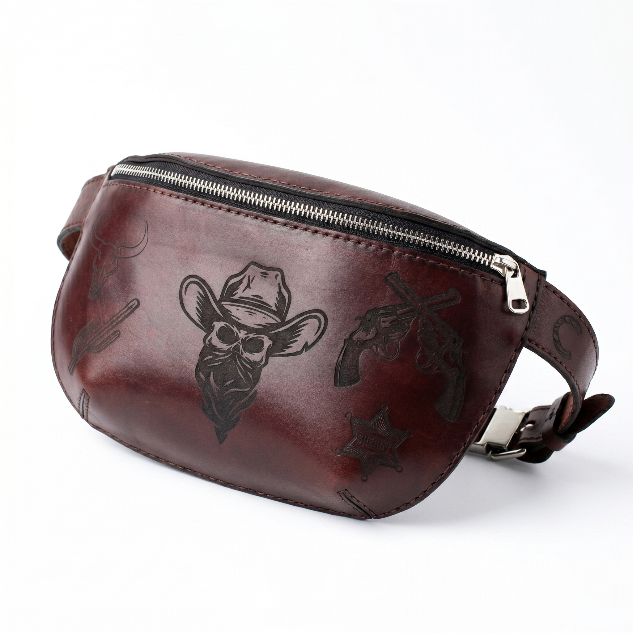 Outlaw Western Leather Belt Bag | Engraved Cowboy Skull Fanny Pack