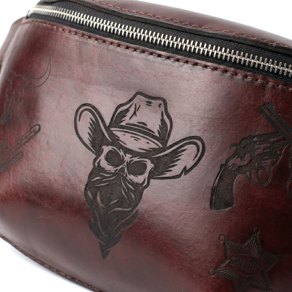 Outlaw Western Leather Belt Bag | Engraved Cowboy Skull Fanny Pack