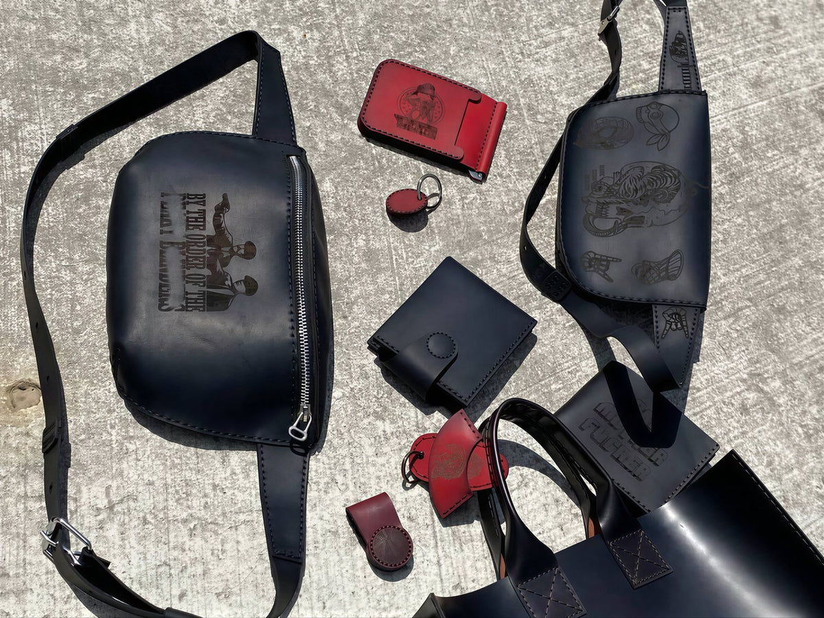 Flat lay of handcrafted leather wallets, money clips and card holders, Lamamarka