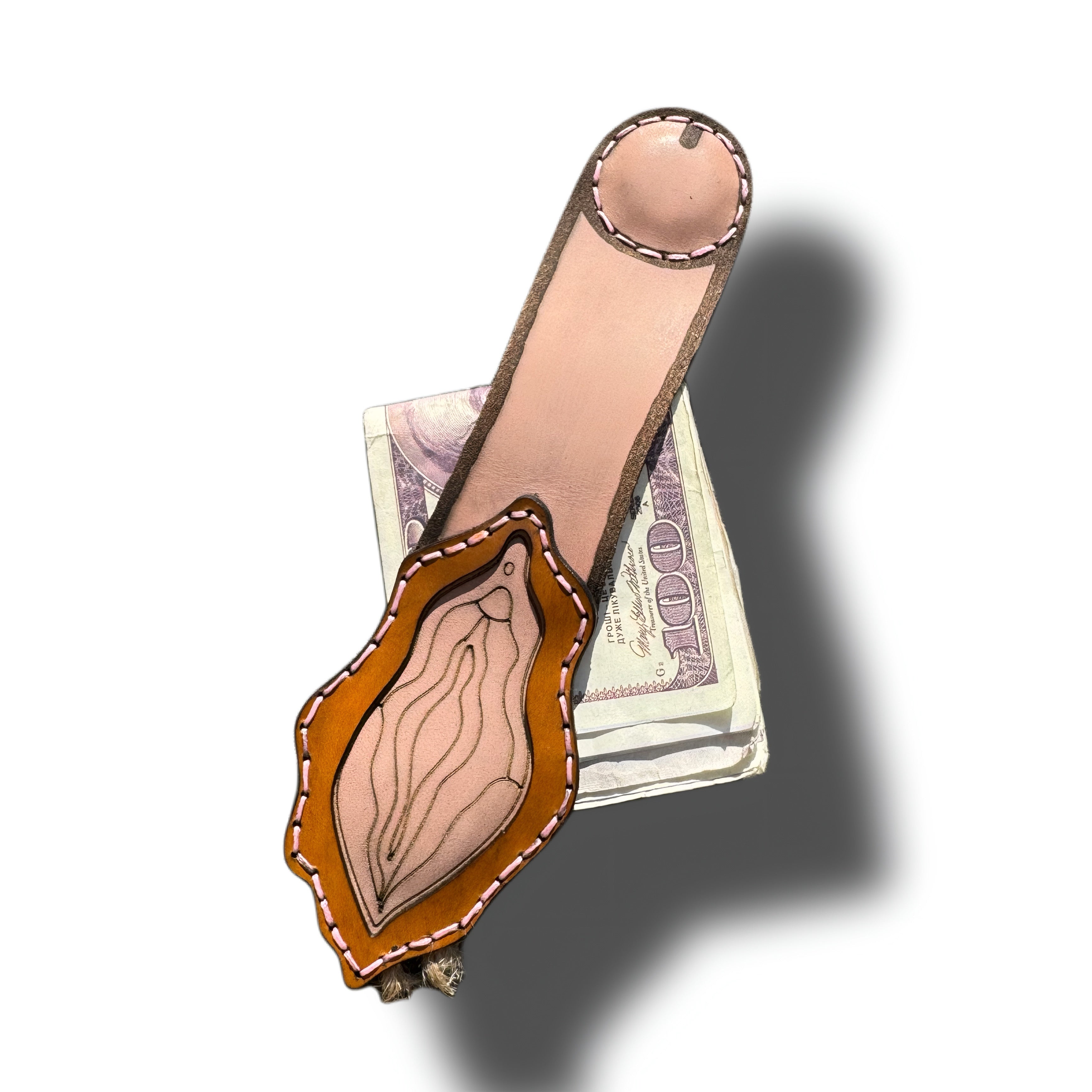 Cheeky handmade leather money clip, hand-stitched pink thread detail, Lamamarka