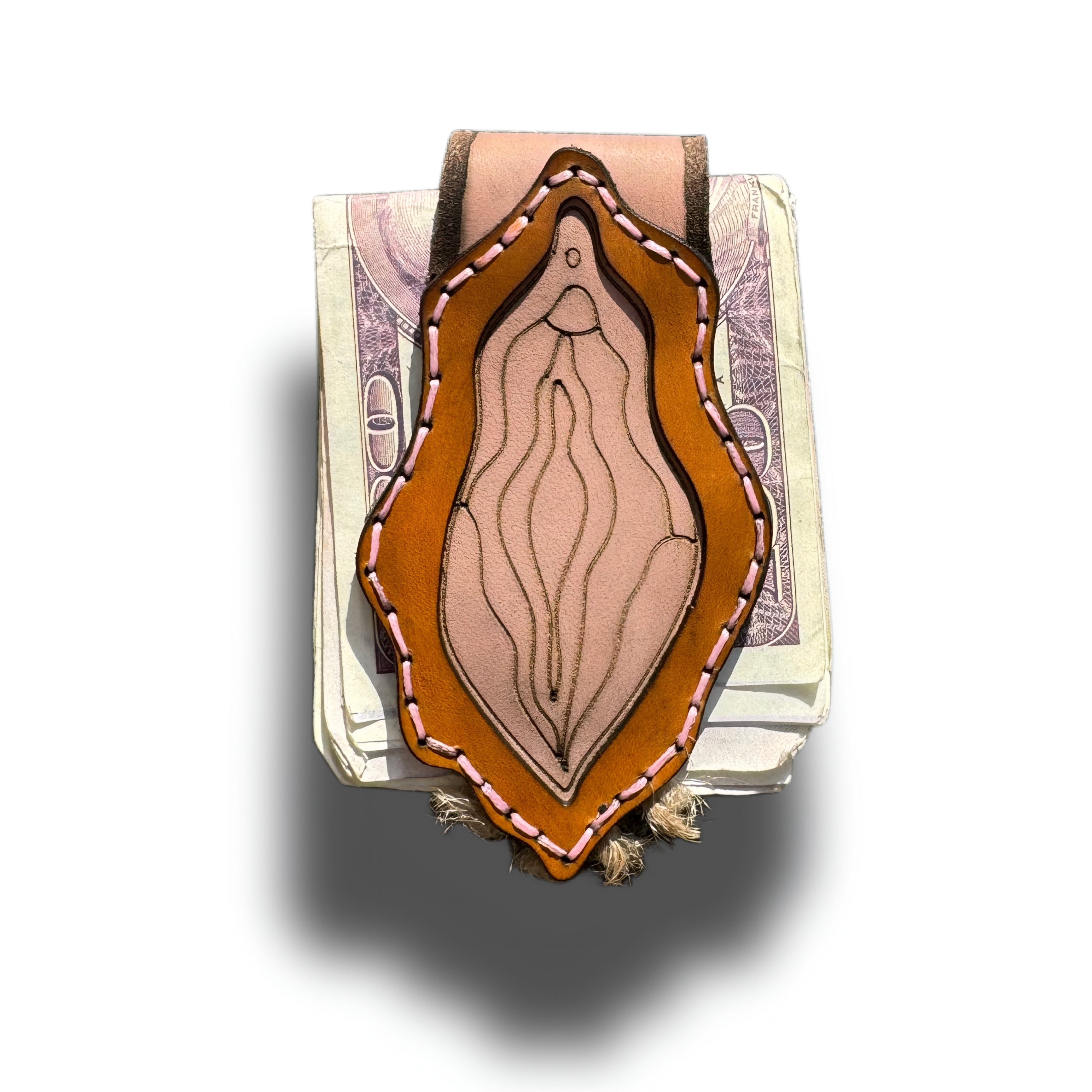 Naughty leather money clip, hand-engraved tan and blush leather with pink saddle stitch, Lamamarka