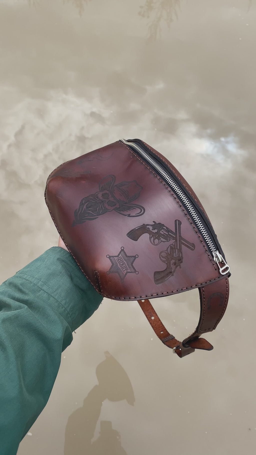 Outlaw Western Leather Belt Bag | Engraved Cowboy Skull Fanny Pack