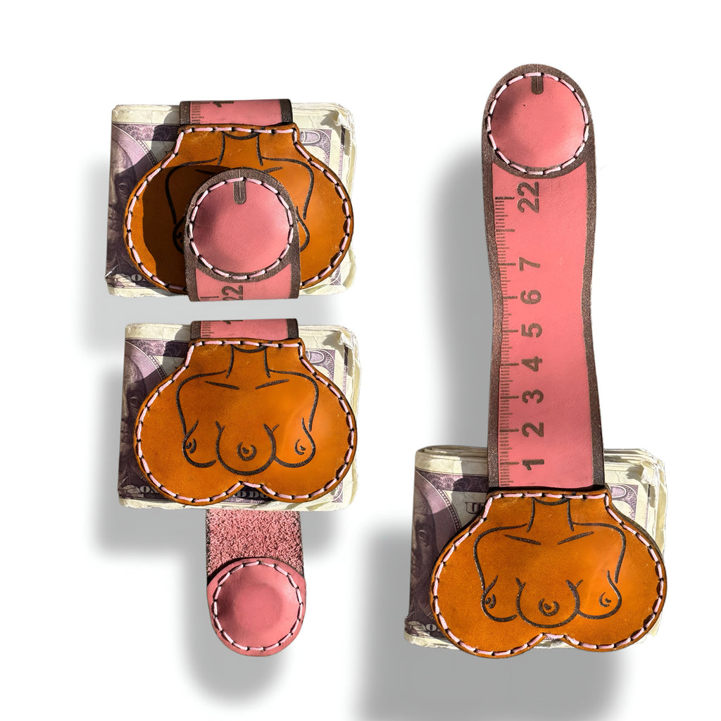 Three views of the ruler edition XL leather money clip, closed, engraved front panel, and fully extended with the inch scale visible
