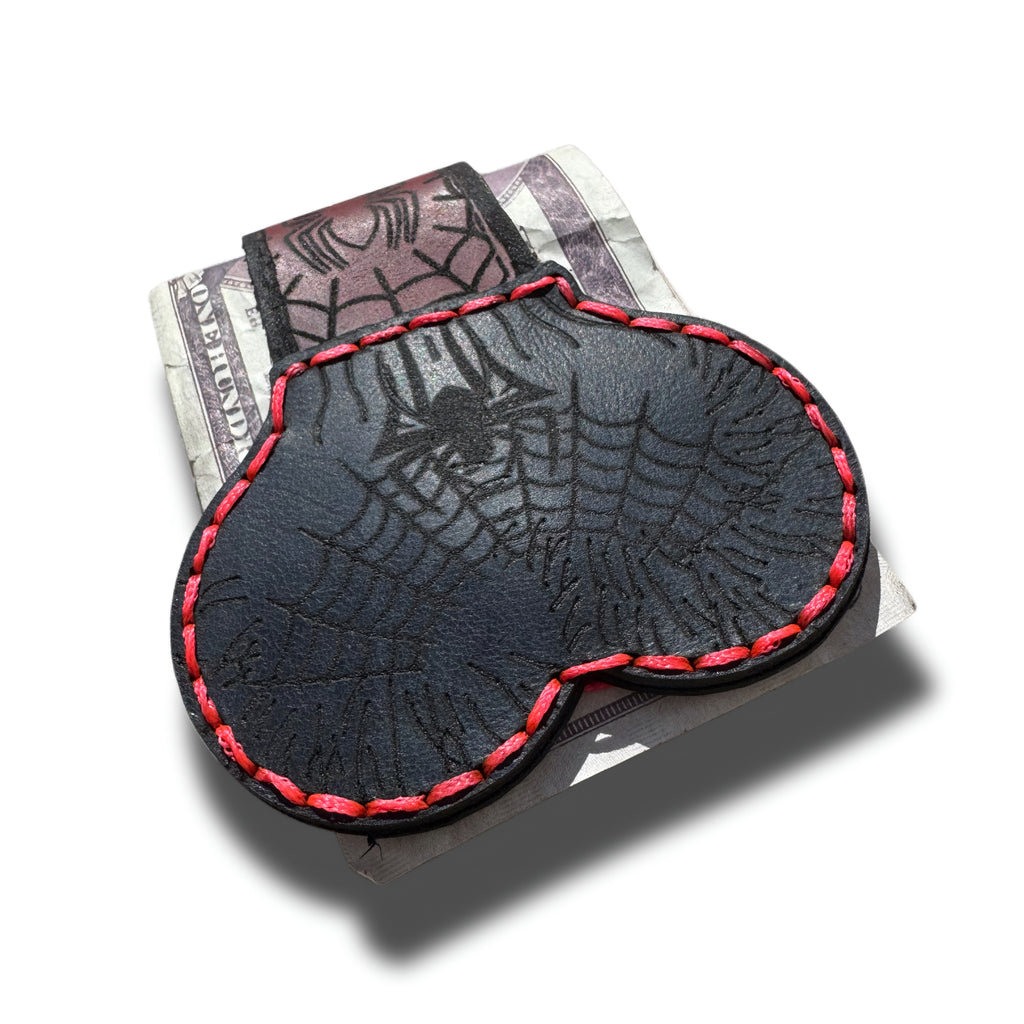 Spider web leather money clip, black back panel with engraved spider and red hand stitching - Lamamarka