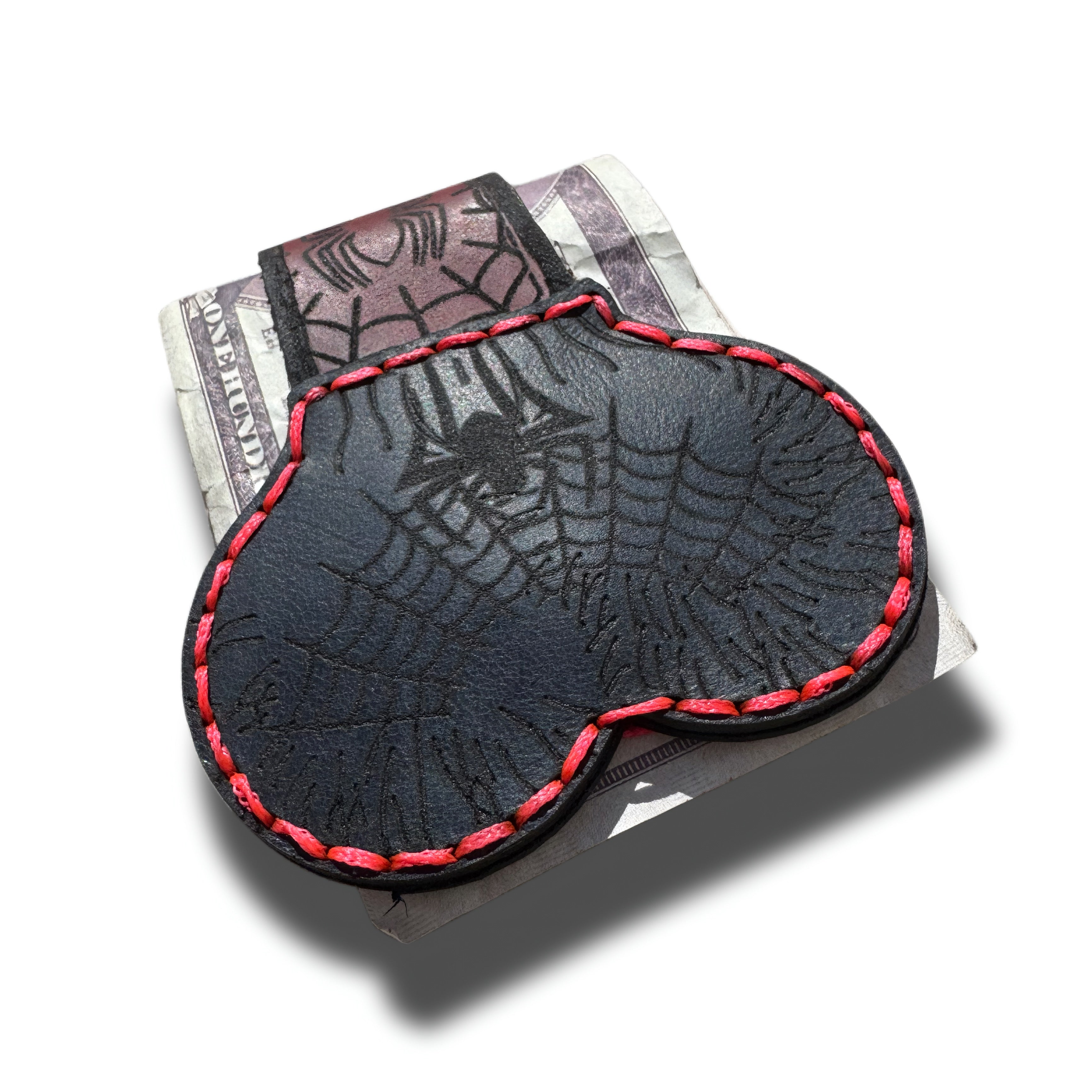 Spider web leather money clip, black back panel with engraved spider and red hand stitching - Lamamarka
