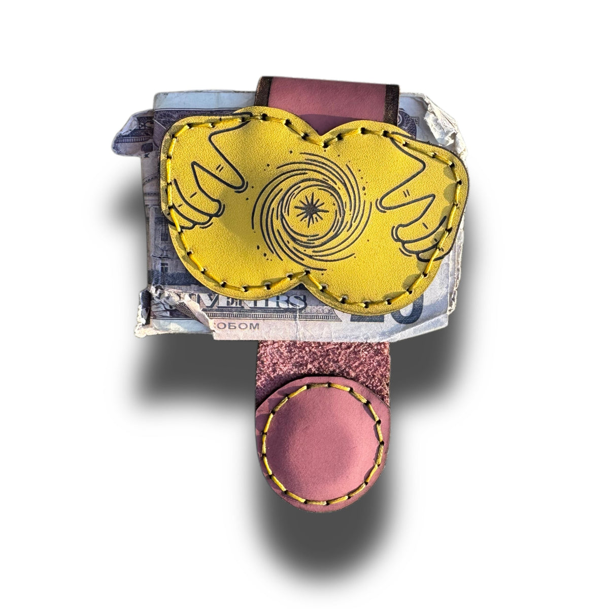 Suck It Up XL leather money clip, engraved hands and star swirl on yellow leather