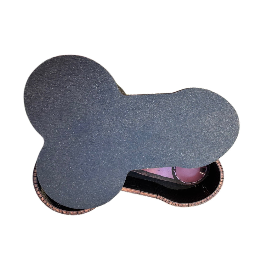 The Package wooden gift box with lid swung aside, pink money clip inside